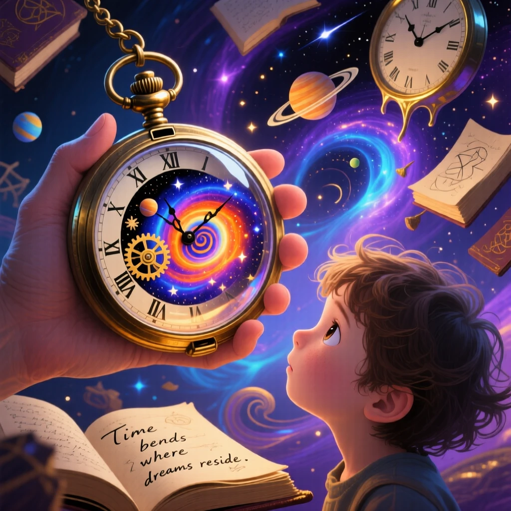 A tiny universe swirling inside an antique pocket watch seems impossibly vast for such a small container, while a curious child peers closely to see inside.