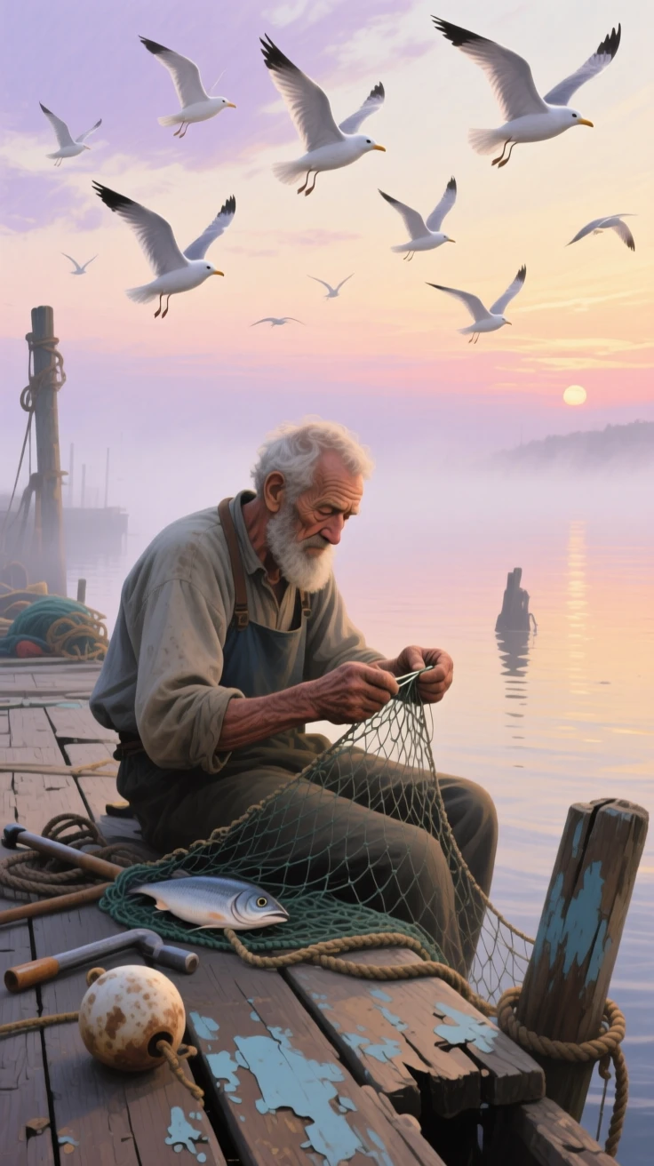 A weathered fisherman mends his nets on a wooden dock at dawn, deep lines etched into his sun-worn face as gulls circle overhead, their expression conveying a quiet depth of emotion that draws the viewer in.