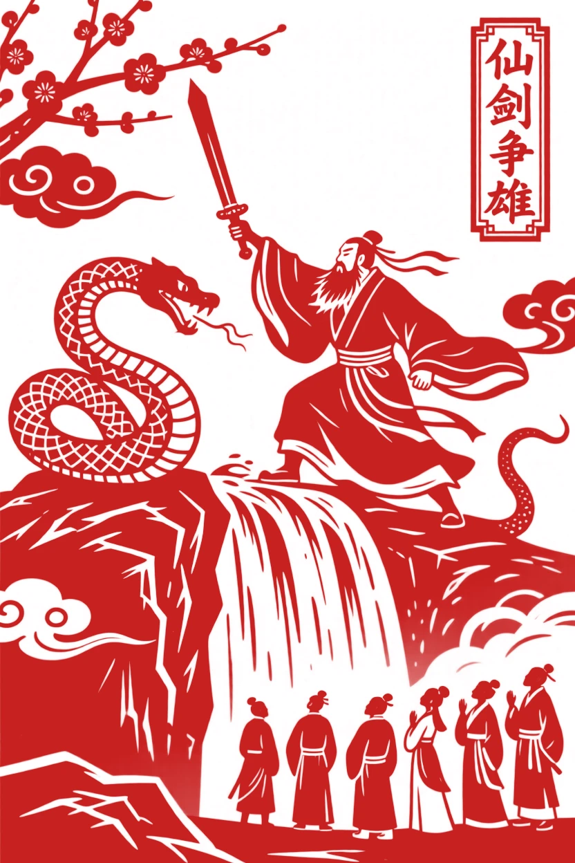 A wandering scholar-immortal, battling a serpent beside a raging waterfall, as mortal onlookers watch in awe from below.