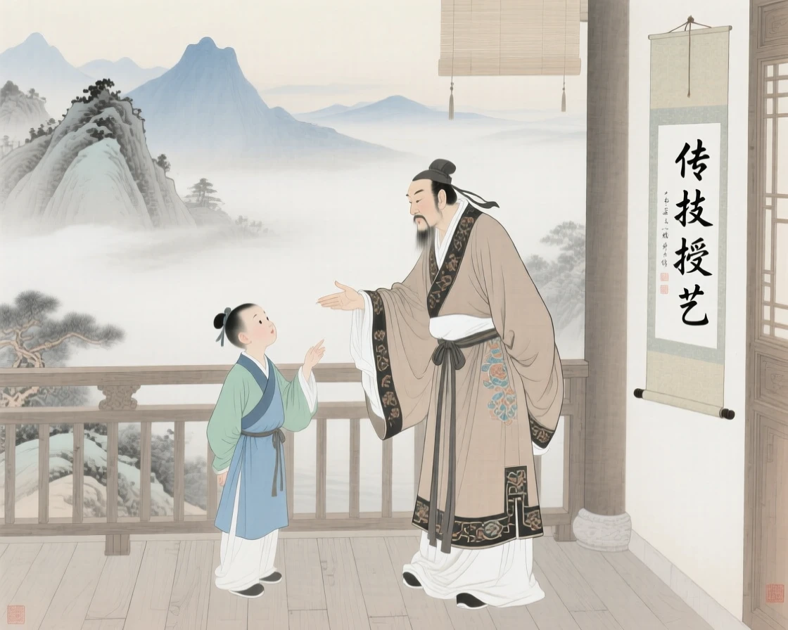 A traveling merchant teaching a skill to an eager apprentice on a terrace overlooking misty mountains