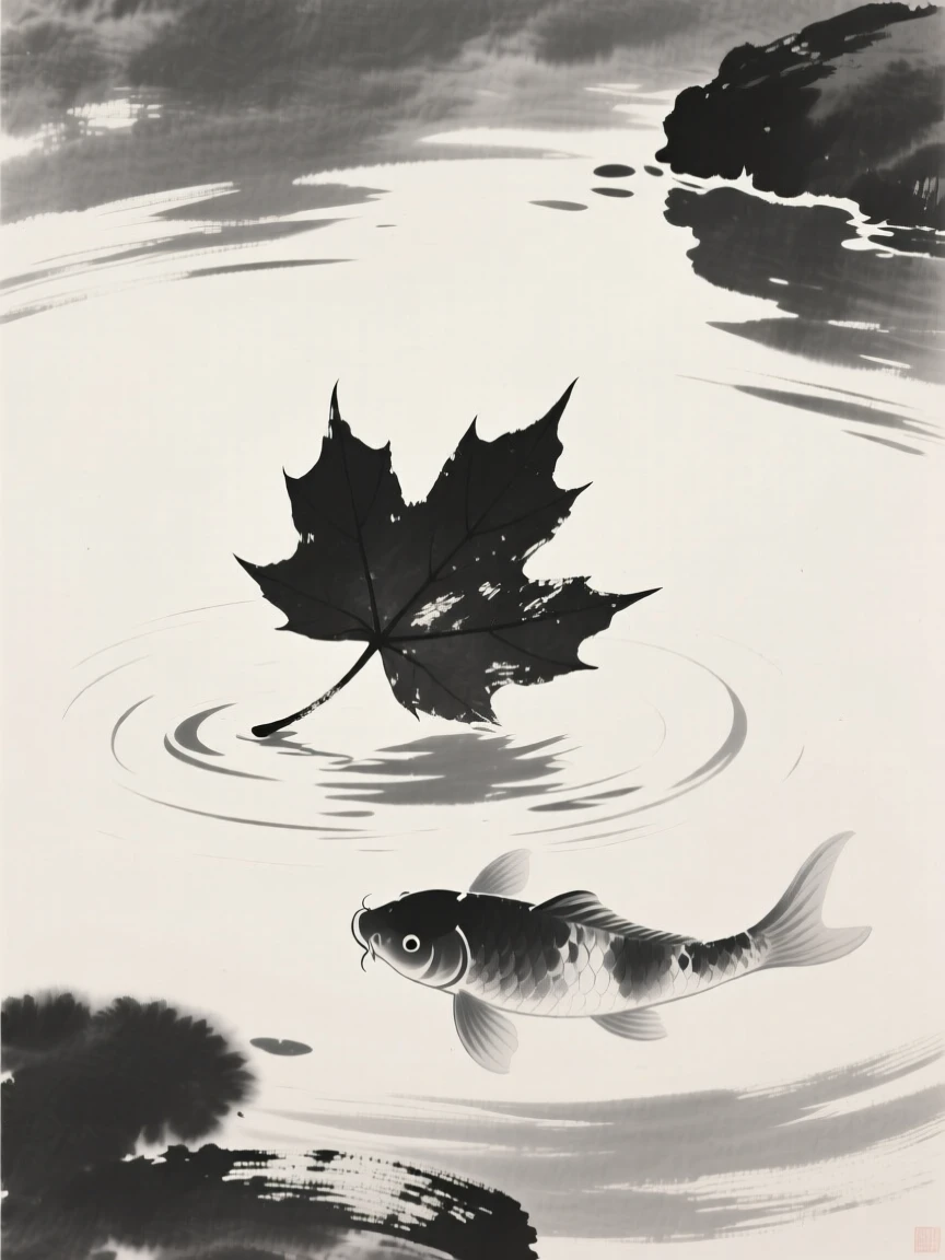 A fallen maple leaf drifting on water beside a tranquil koi pond, composed with generous open space around it, conveying gentle stillness and natural harmony.