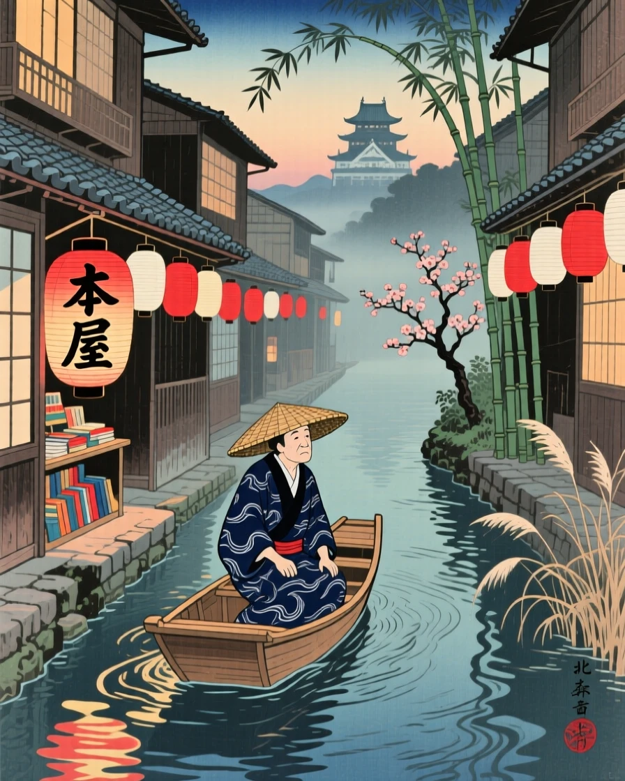 A bookseller gliding down a narrow lantern-lit alley.