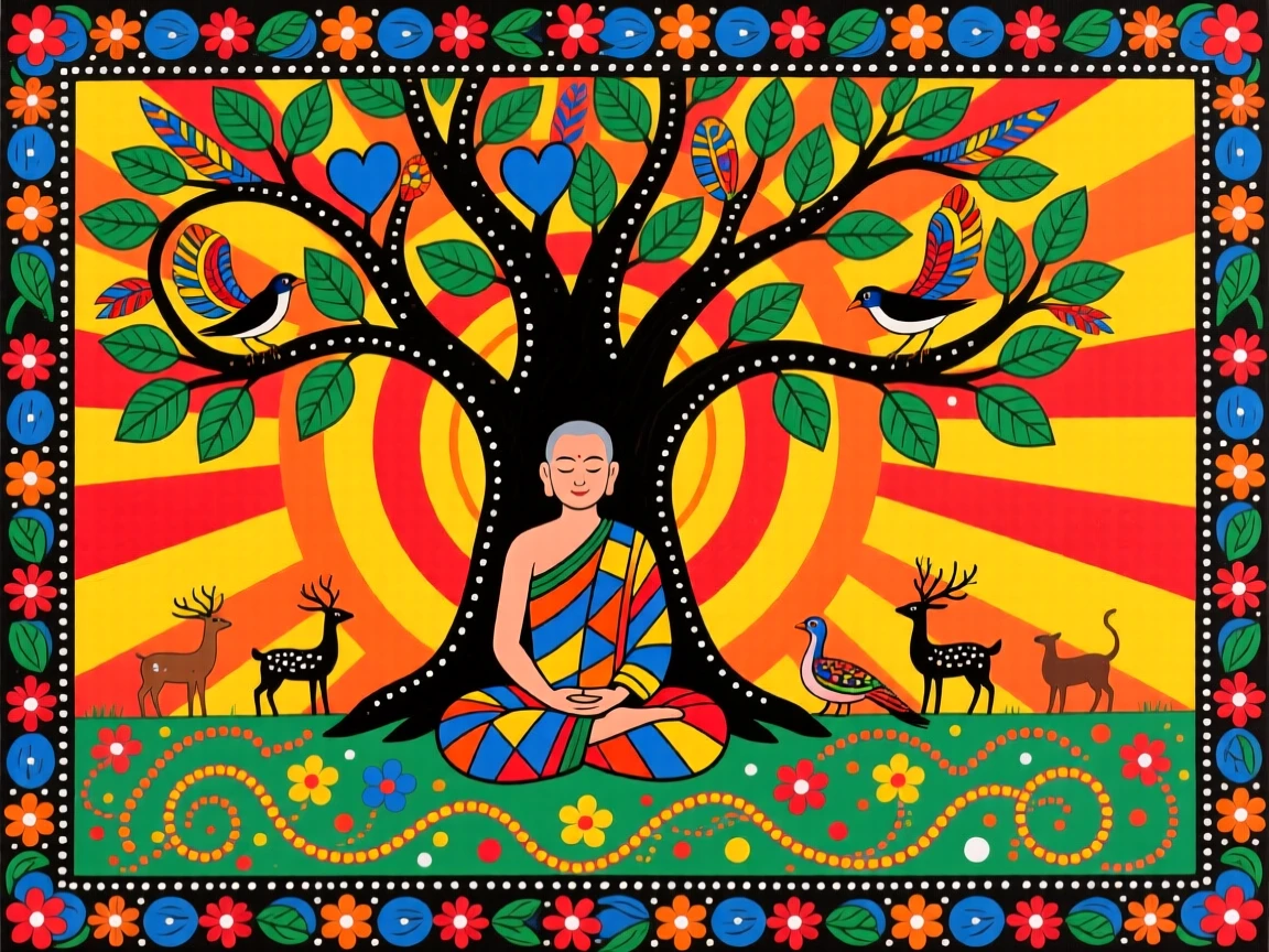 A monk meditating quietly beneath a bodhi tree at sunrise.