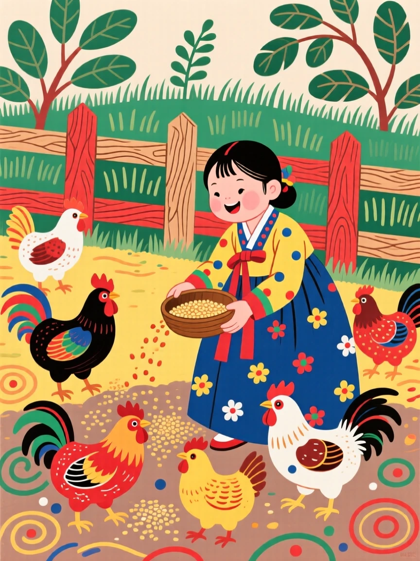 A young girl feeding chickens in a farmyard.