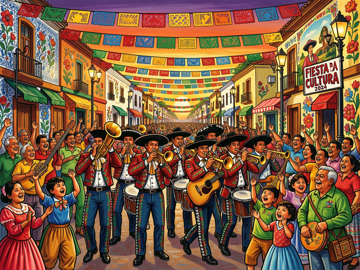 A marching band parading through a festive street
