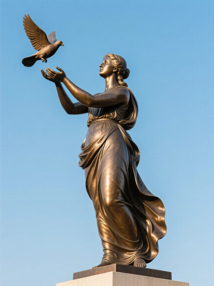 A woman releasing a dove into a clear sky, with a serene, contemplative gaze, forming a strong central focal point
