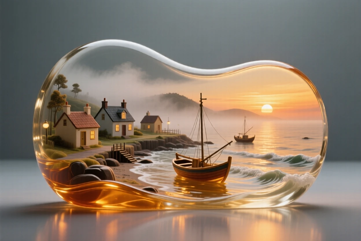 A quiet fishing village nestled along a misty coastline bathed in the warm glow of sunset, rich saturated colors, evoking a deep sense of wonder.