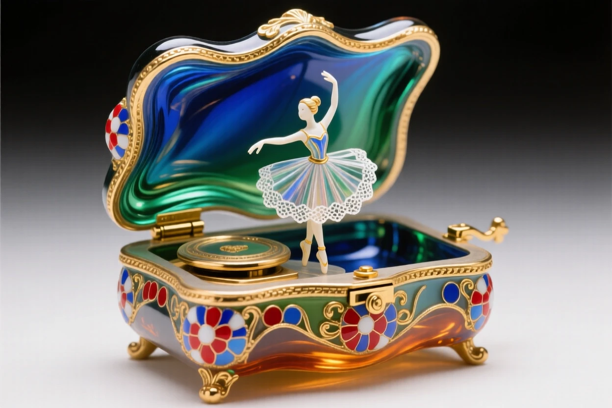 A delicate music box open with a tiny dancing figurine inside, whimsical and enchanting.