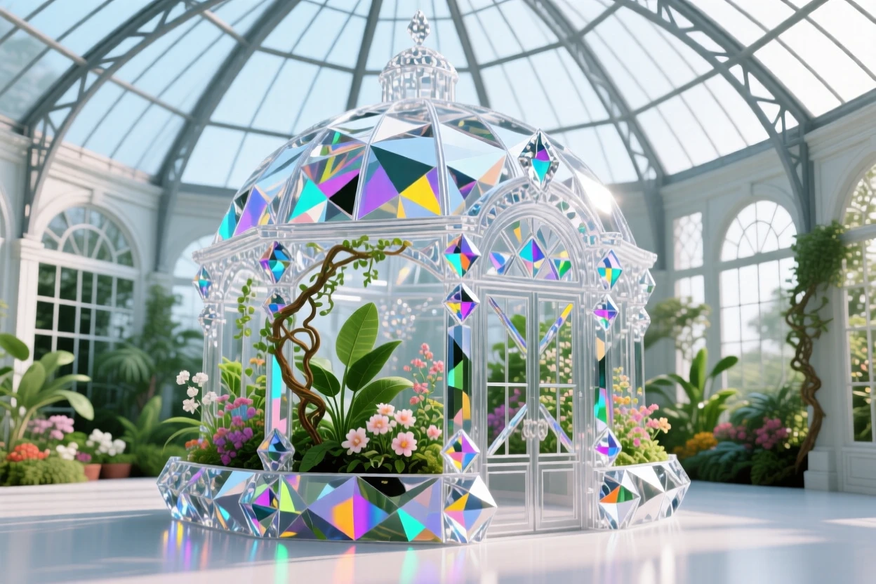 A grand indoor botanical conservatory with a soaring glass dome ceiling.