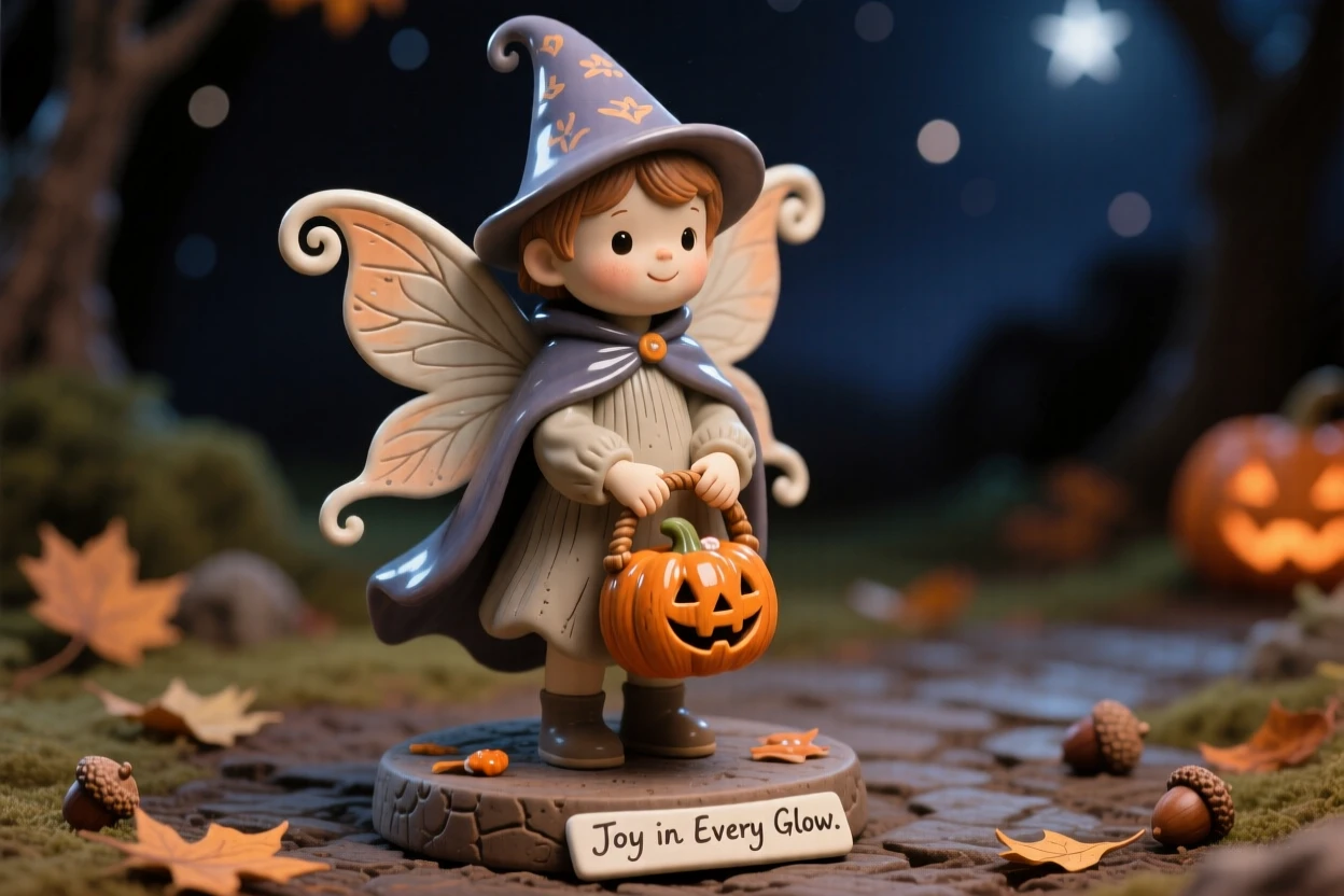 A trick-or-treating child in a whimsical costume arranged as a festive centerpiece, glowing softly under a starlit sky, evoking festive joy and warm togetherness.