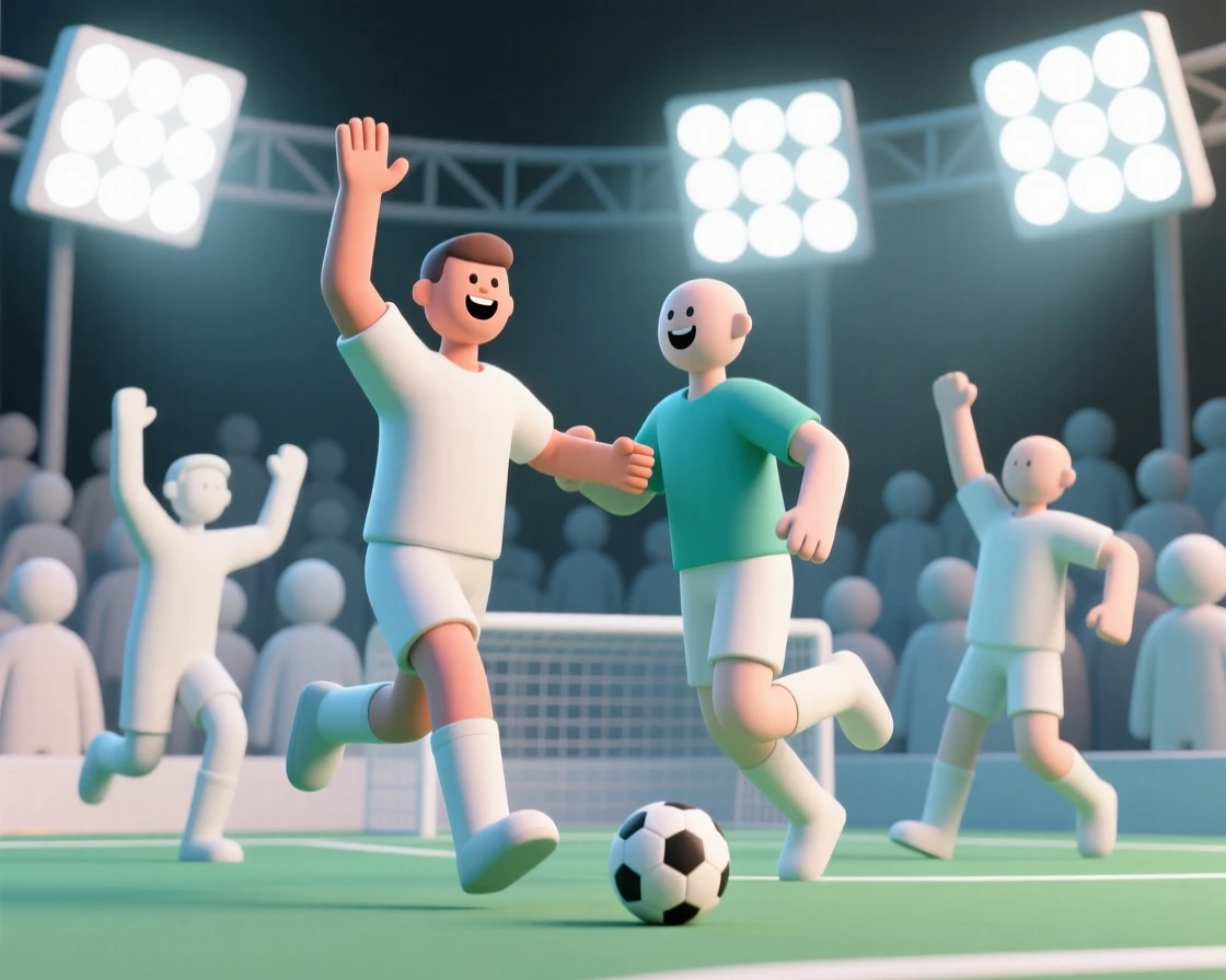 A joyful athlete high-fives teammates after scoring the winning goal beneath bright stadium floodlights and roaring cheers.