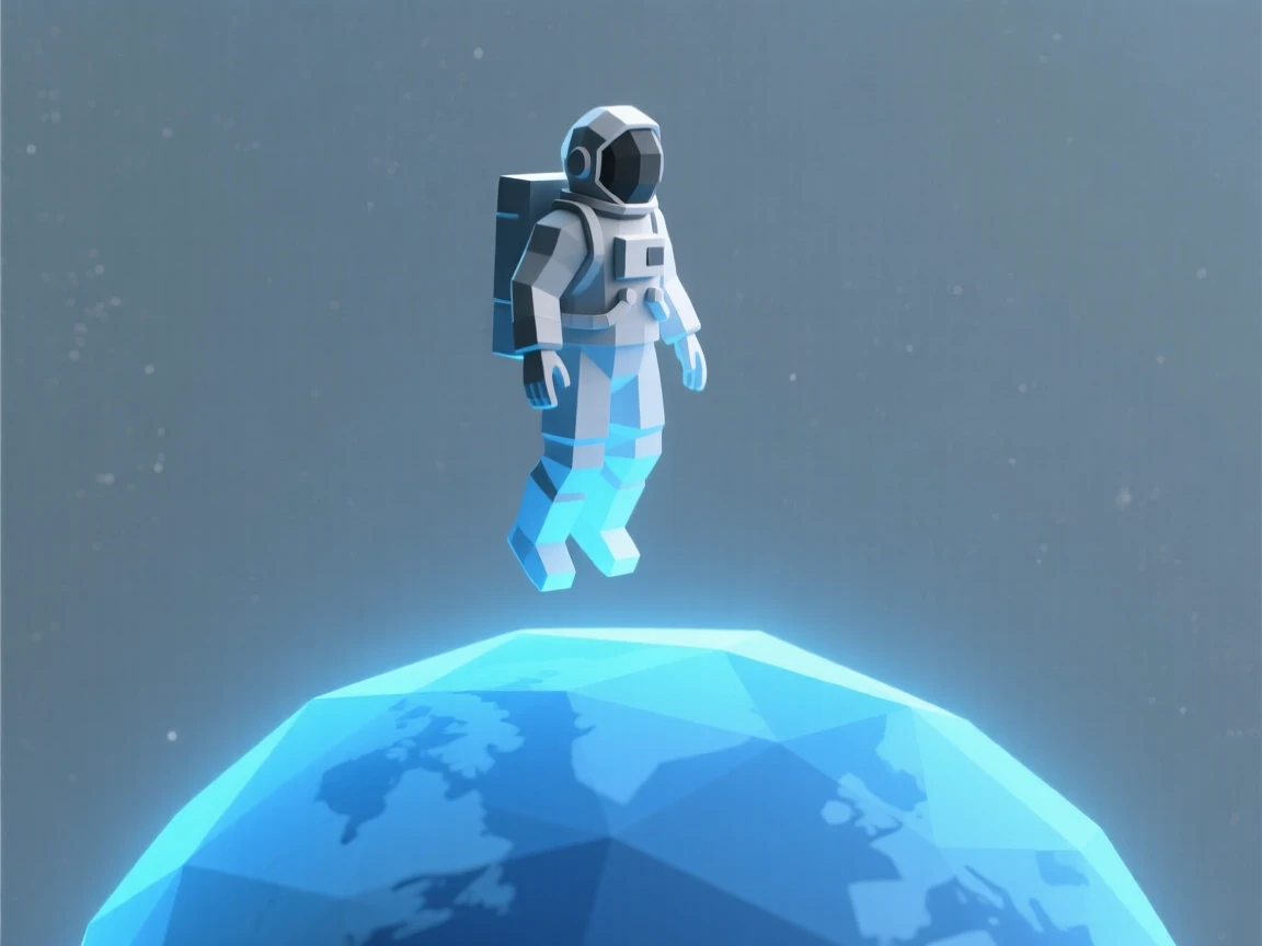 A lone astronaut floating above a glowing blue planet, amid a vast, silent expanse of space. soft glowing light sources create a sense of depth and scale. The scene radiates a calm, meditative stillness.