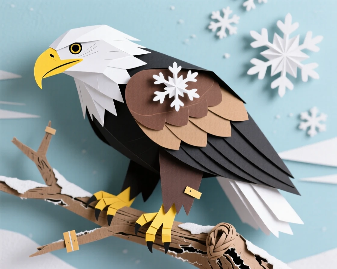 A majestic bald eagle perched on a weathered branch, with fresh snowflakes settling on its coat, conveying quiet dignity and grace.