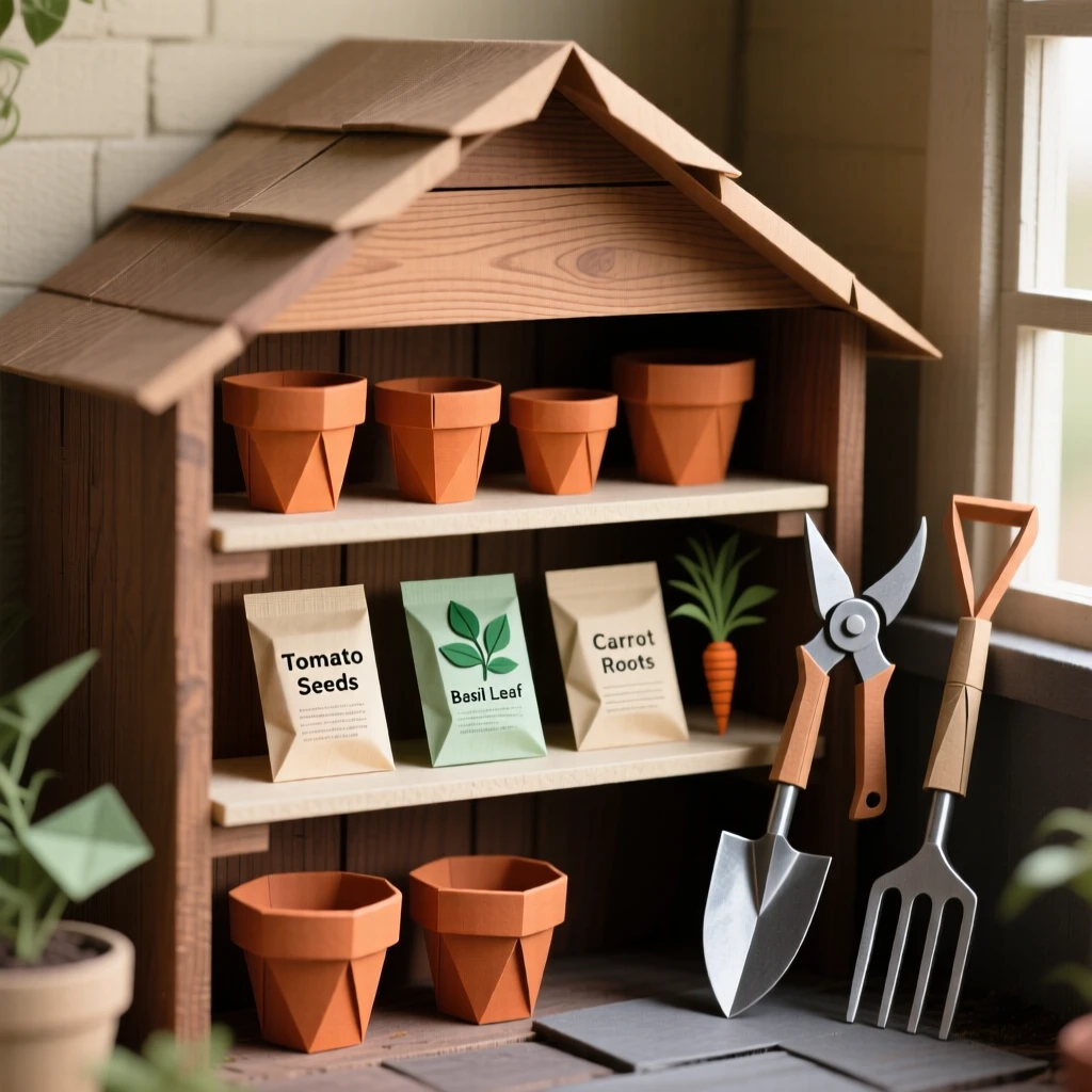 A quiet potting shed filled with terracotta pots, seed packets, and gardening tools.