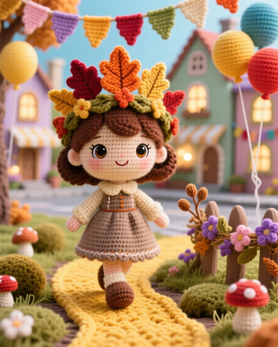 A festive scene of a little girl with a wreath of autumn leaves worn as a crown, walking through a golden forest path within a cheerful town square decorated for a parade; a garland of dried flowers nearby, radiating nostalgic, storybook seasonal charm.