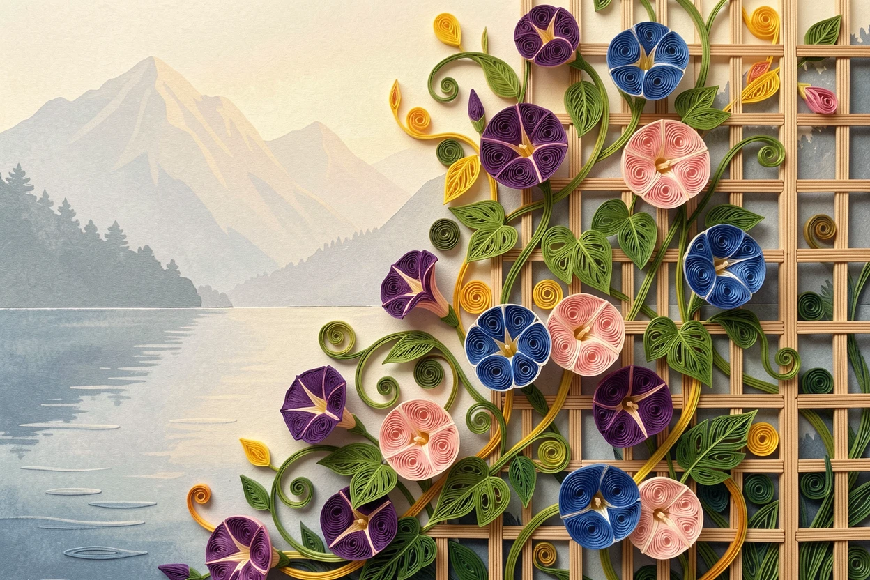 a climbing vine of morning glories on a trellis, along the edge of a misty mountain lake, spread across the frame in a lush, full composition, with soft golden hour light washing over the scene.