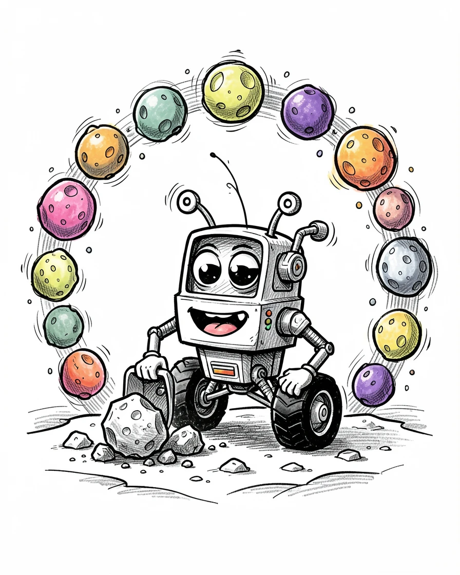 An alien-friendly rover collecting moon rocks beside a ring of colorful asteroids.