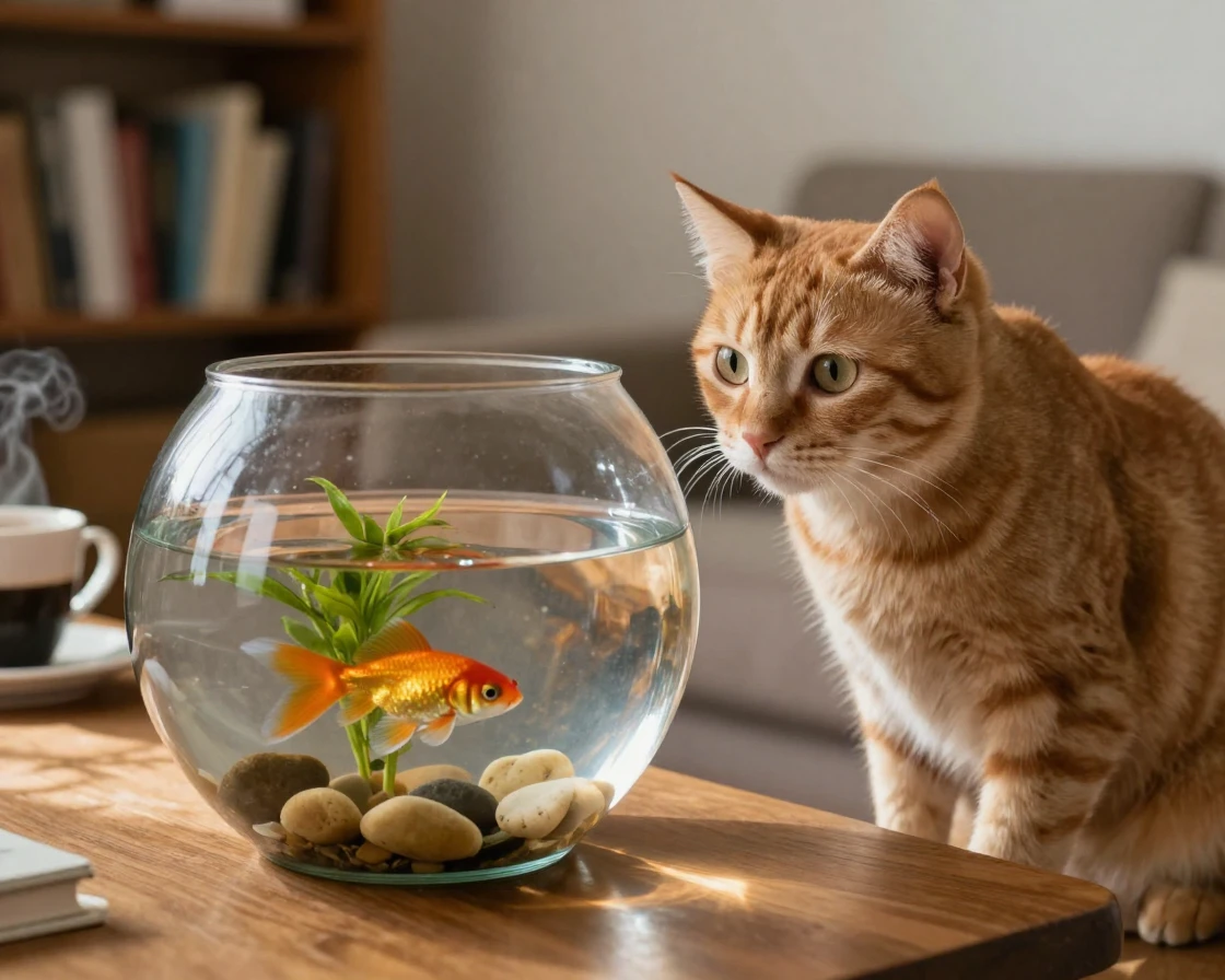 A cat watches a fish swim in a bowl with unblinking focus.