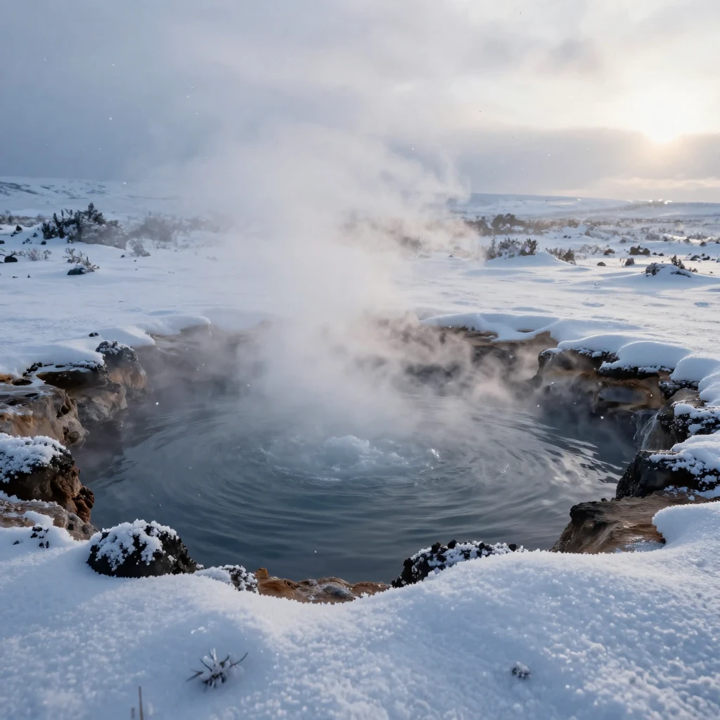A steaming volcanic hot spring surrounded by snow, stretching endlessly as the first snow of winter falls
