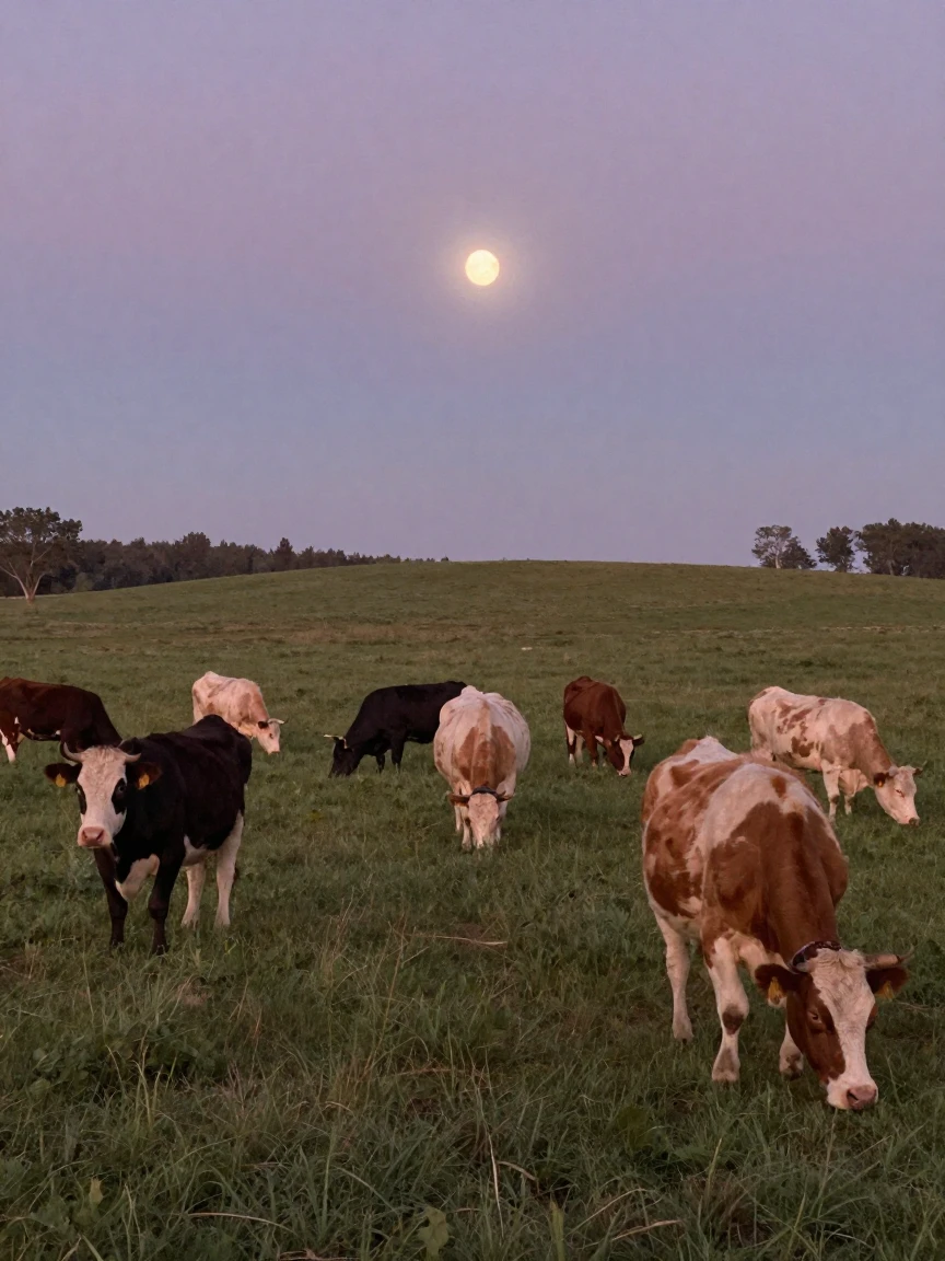 A herd of dairy cows grazing in a lush green pasture, under moonlight, in crisp, dry air, in the mild days of early autumn, in dusty lavender and rose tones, from behind, looking toward the horizon.