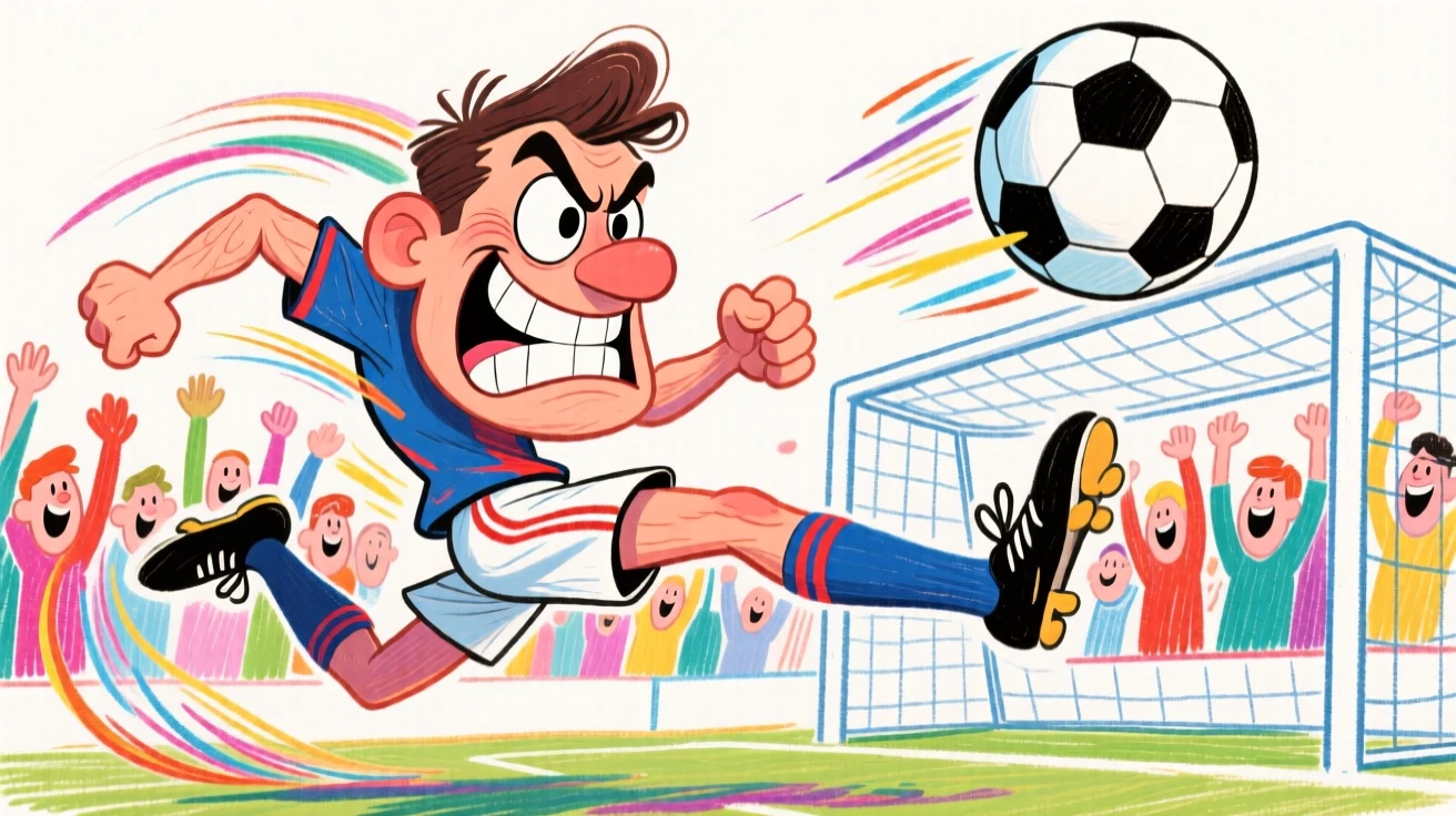 A soccer player mid-kick, ball soaring toward the goal, crowd roaring behind him.