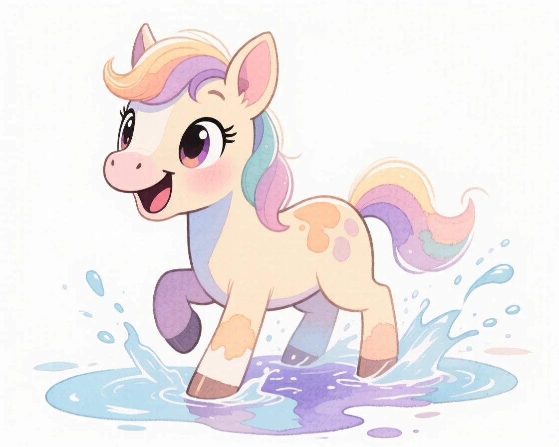 A miniature pony splashing happily in a puddle