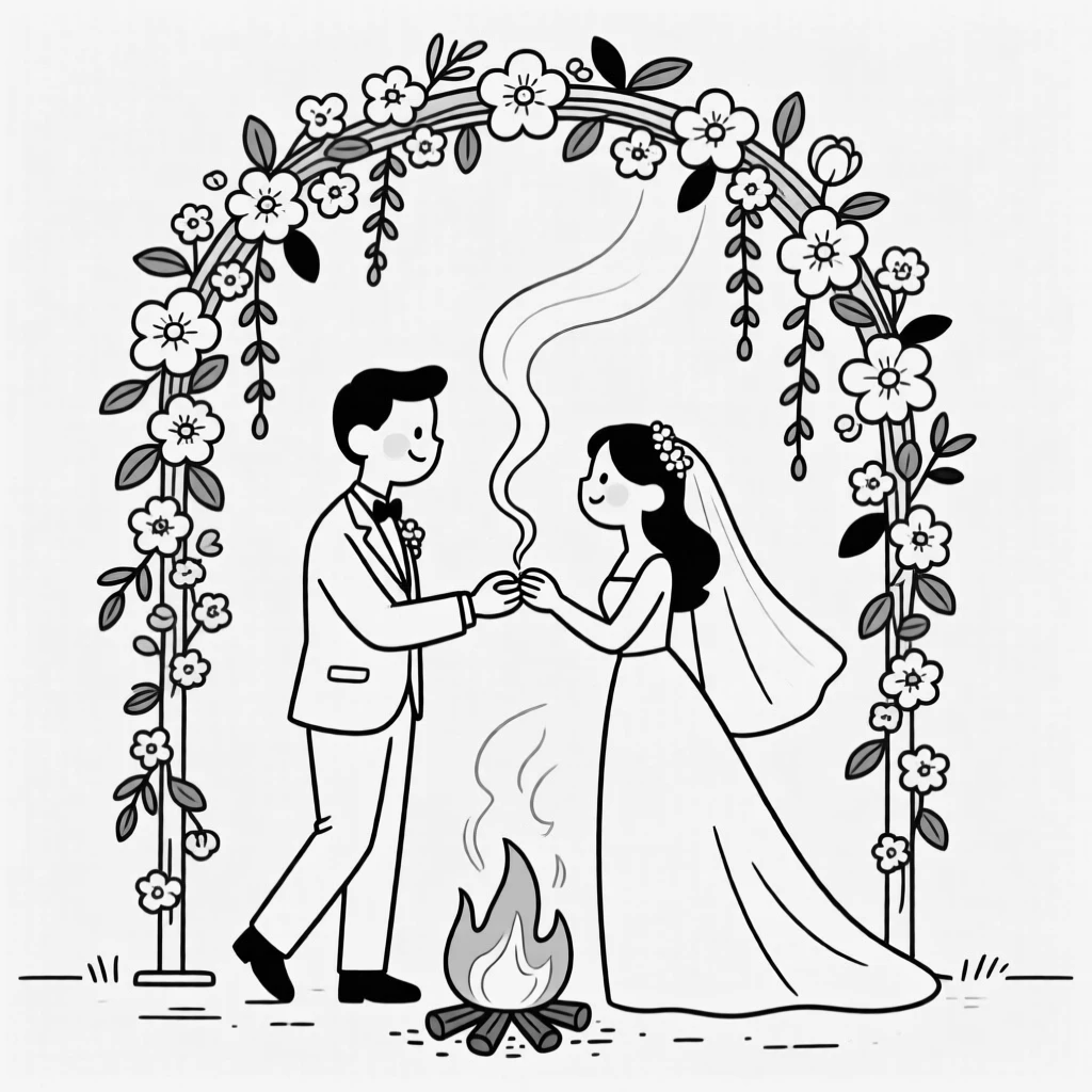A couple exchanging rings under a flower-draped arch, swaying arm in arm to the crackling fire's rhythm, set beneath a flower-covered wedding arch. Incense smoke curls gently upward. It radiates the timeless magic of coming together to celebrate.