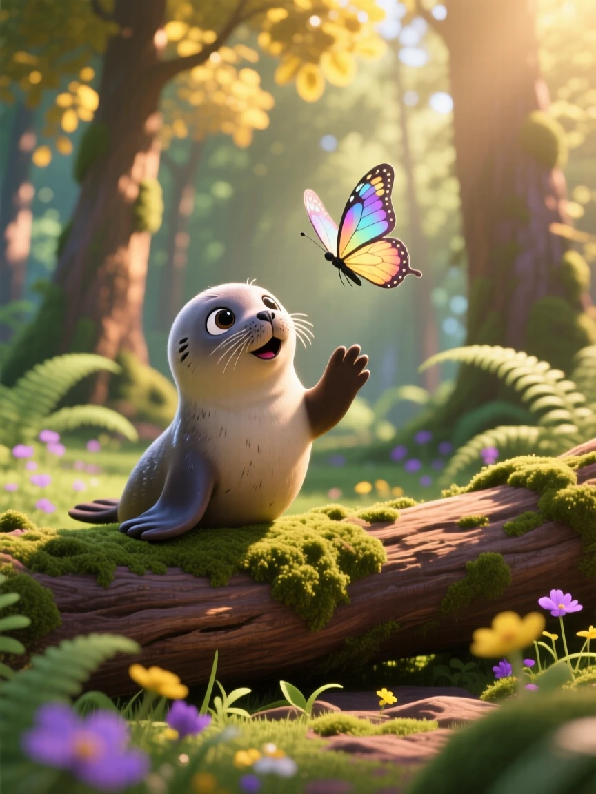 A baby seal pup is perched on a mossy log in a quiet forest, chasing a fluttering butterfly. A gentle, sleepy calm fills the moment, with warm colors filling the background.