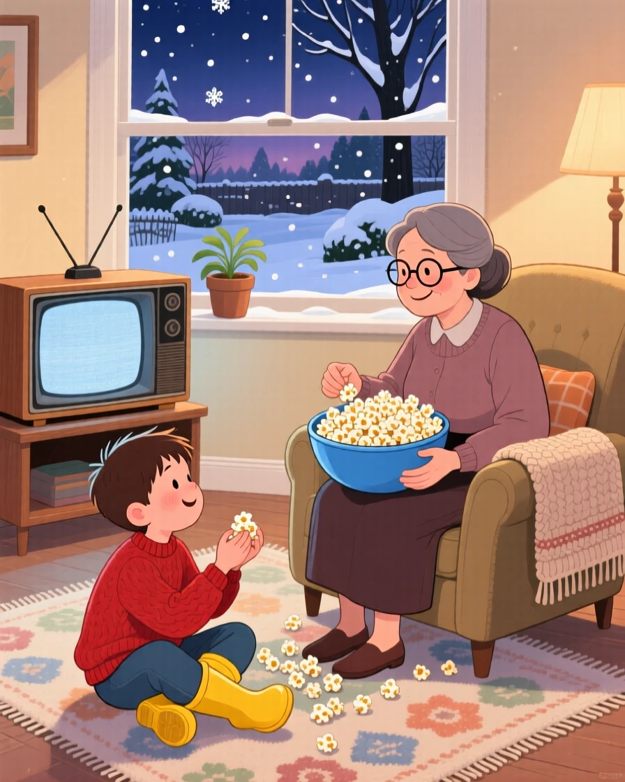 A boy in rain boots spends the afternoon sharing a big bowl of popcorn during movie night with her favorite aunt, while soft snow falls outside.