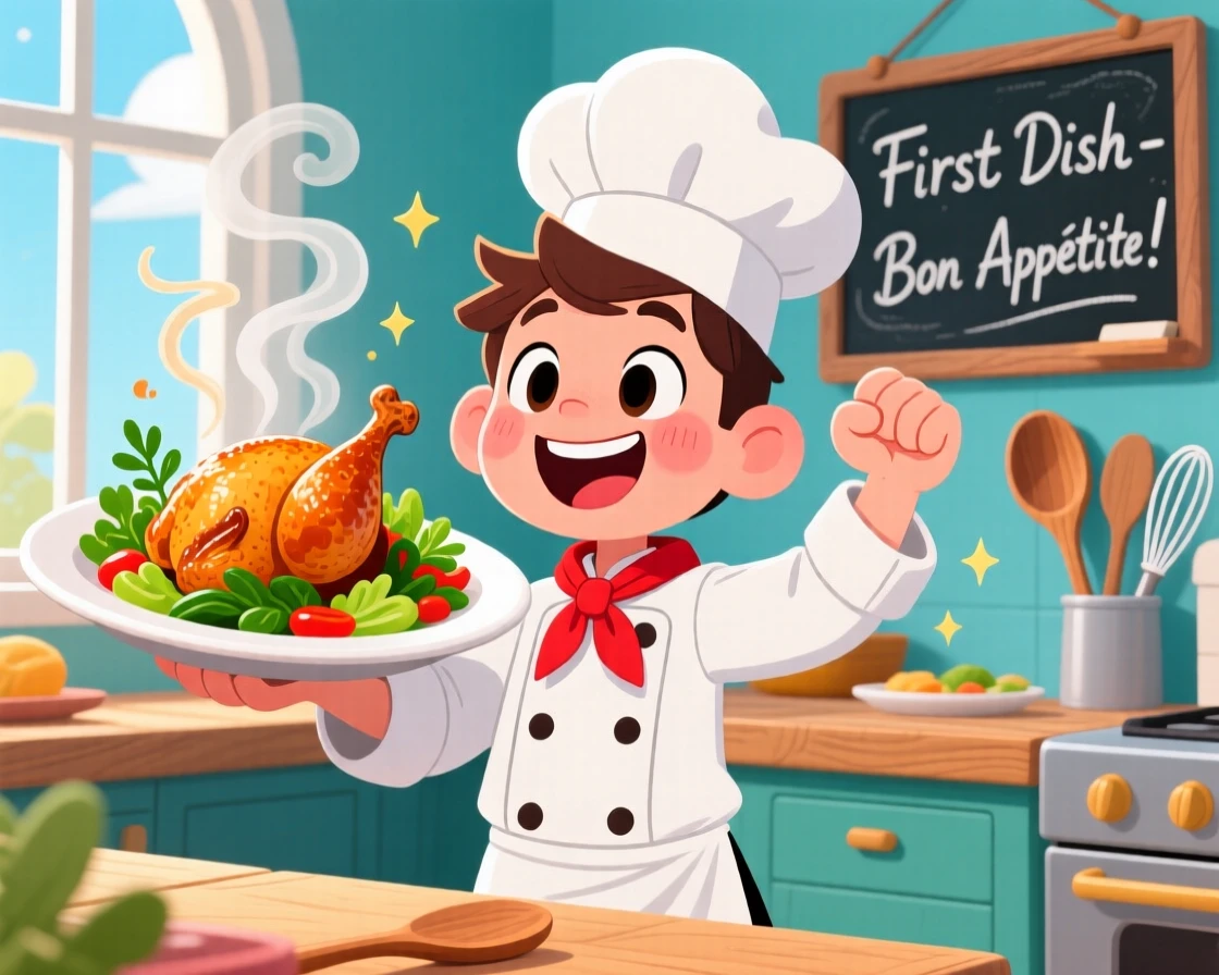 A young chef presenting their first completed dish with pride.
