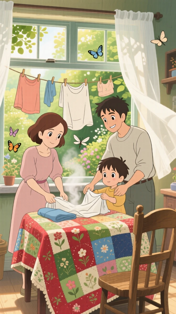 A family folding warm laundry fresh from the line, a patchwork quilt draped over a nearby chair, the whole scene feeling quietly content.