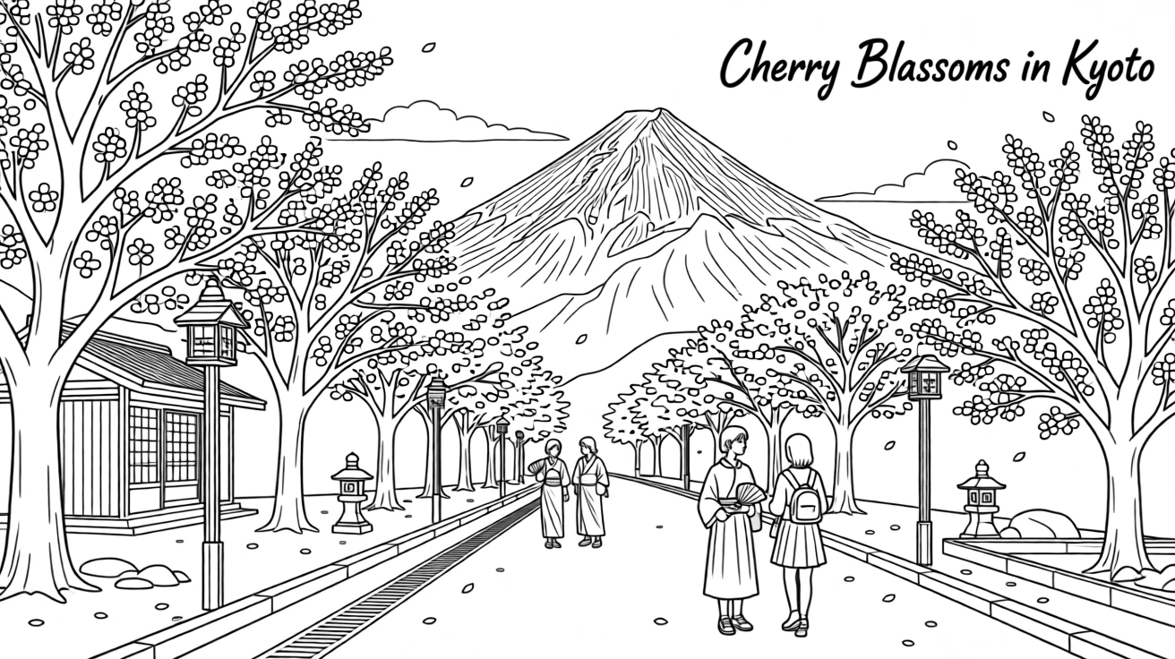 A cherry blossom-lined street in Kyoto, with mountains rising dramatically in the background.