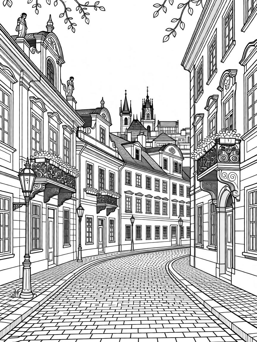 A cobblestone street in Prague lined with pastel baroque buildings.