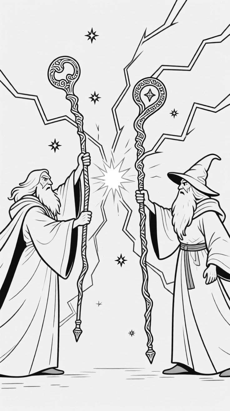 A wizard duel with crackling energy between two staffs