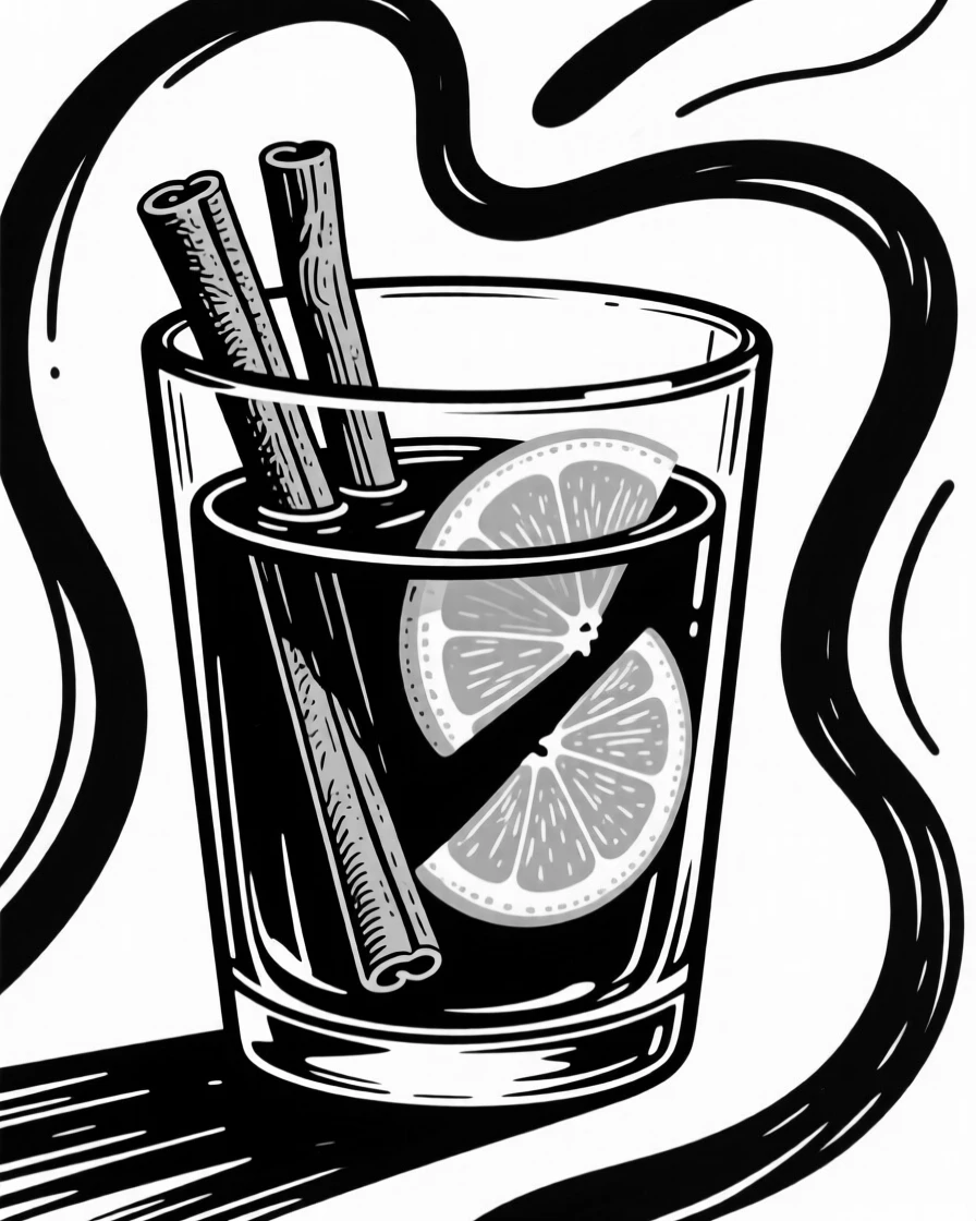 A glass of hot mulled wine with cinnamon sticks and orange slices.
