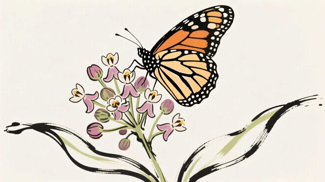 A monarch butterfly resting on a cluster of blooming milkweed.