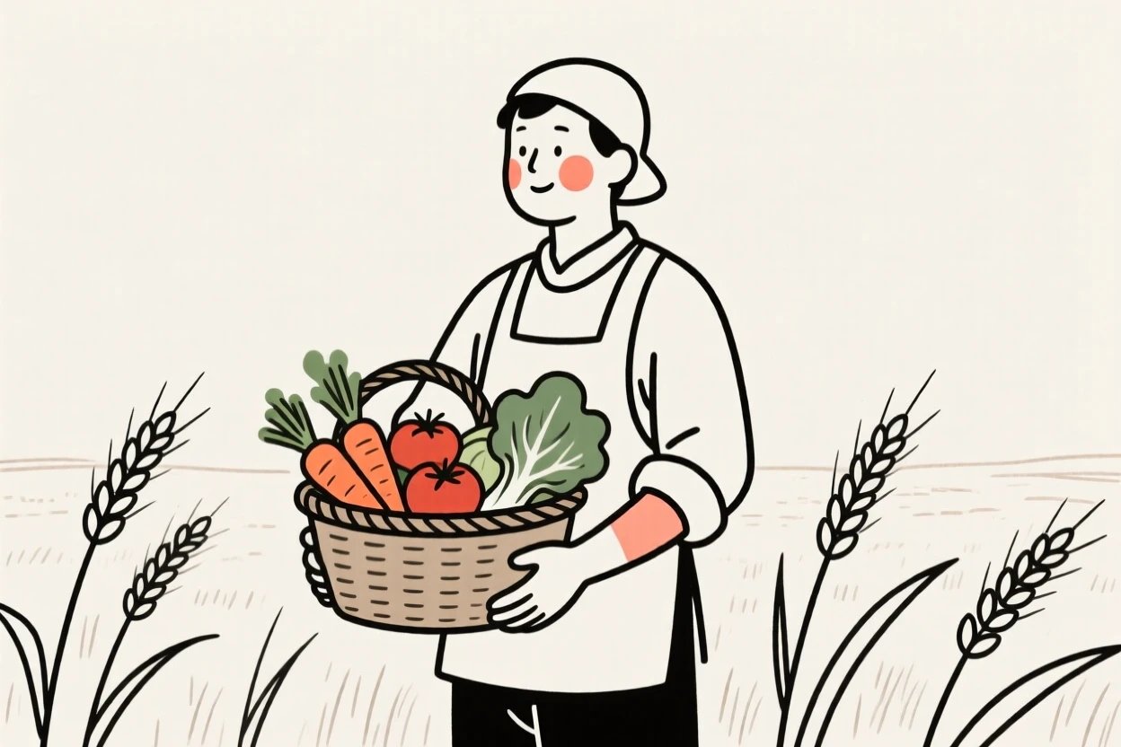 A farmer holding a basket of vegetables, resting in calm stillness, in a wheat field at harvest.