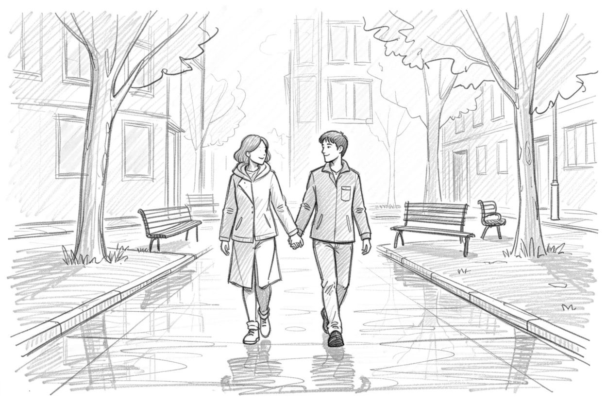 A couple walking hand in hand through a park, on a rain-slicked city street, with golden morning light streaming through windows.