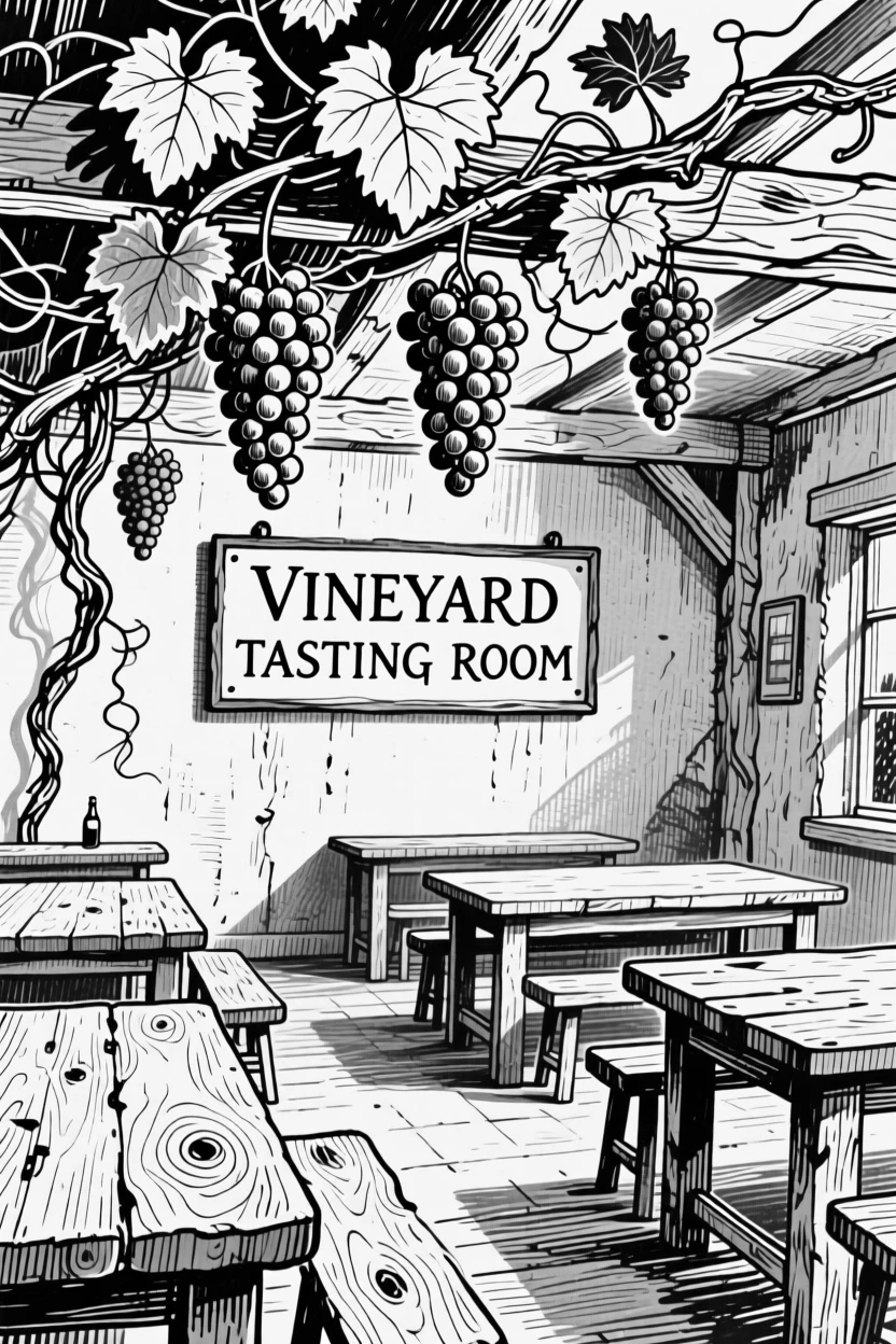 A rustic vineyard tasting room with wooden tables and hanging grapevines.