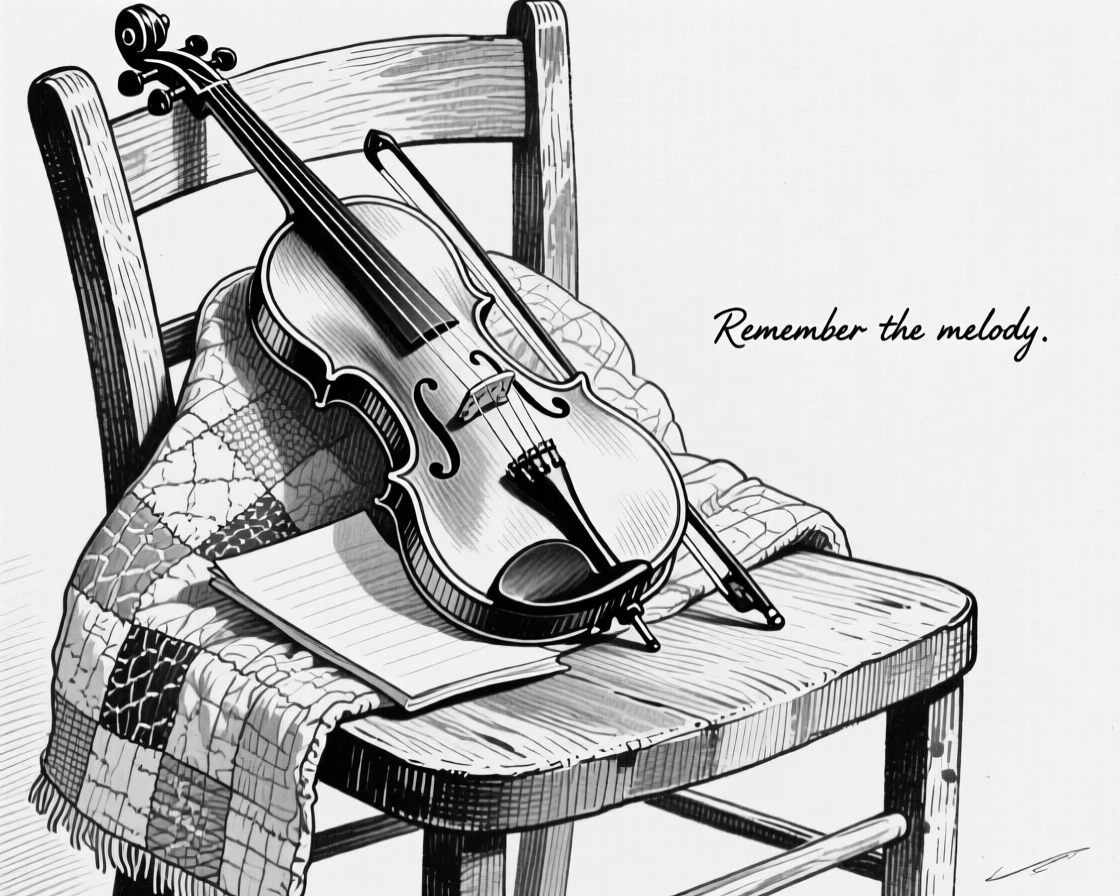 A violin resting on a chair resting on an old quilt, with a folded note tucked alongside it, forming a refined and understated still-life study.
