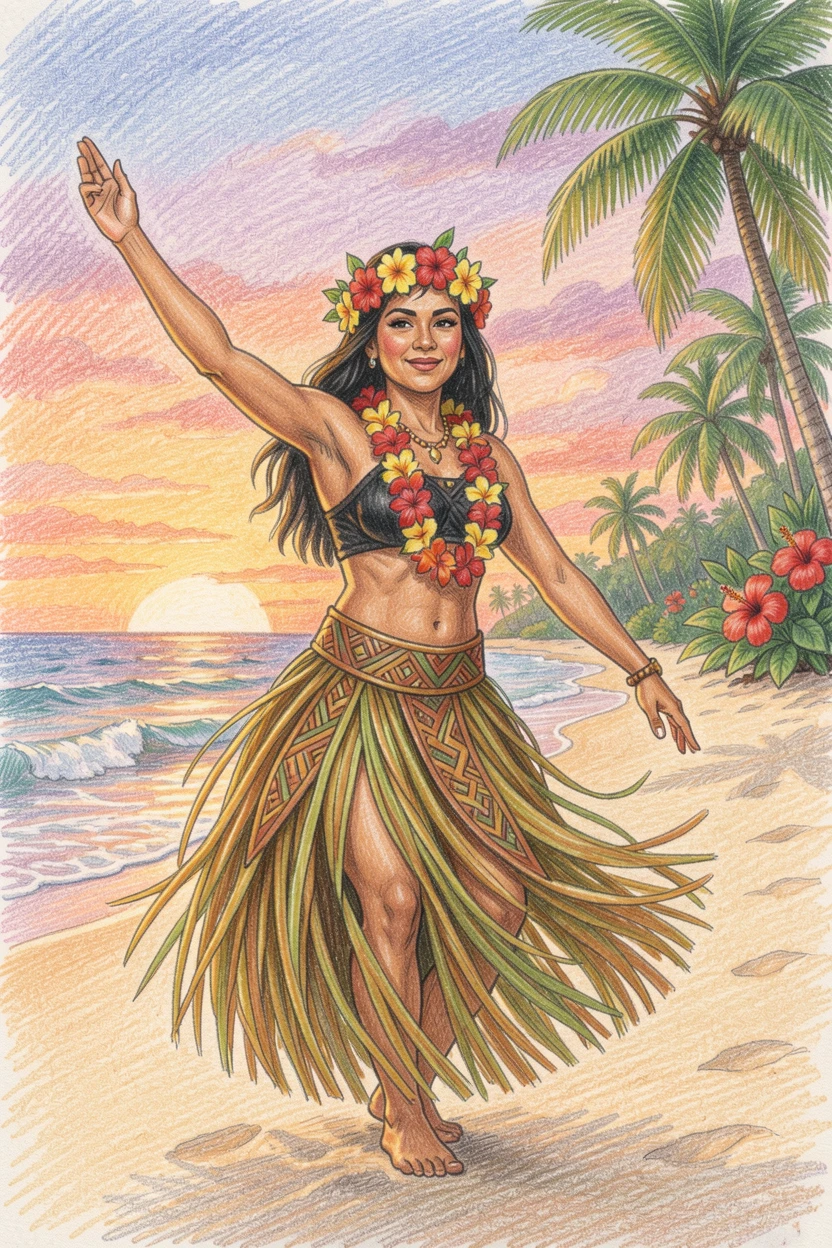 A traditional Hawaiian hula dancer performing at sunset on the beach, filled with vibrant, culturally rich visual elements, evoking a sense of timeless tradition and heritage.