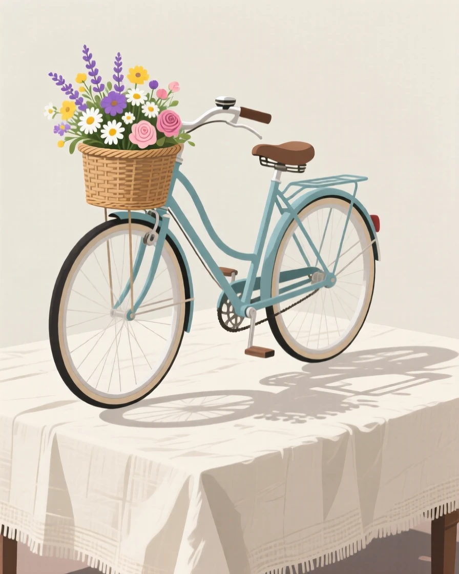 A vintage bicycle with a woven basket full of flowers, arranged on a rustic linen tablecloth, arranged with soft layered shadows adding dimension, with a clean, elegant simplicity.