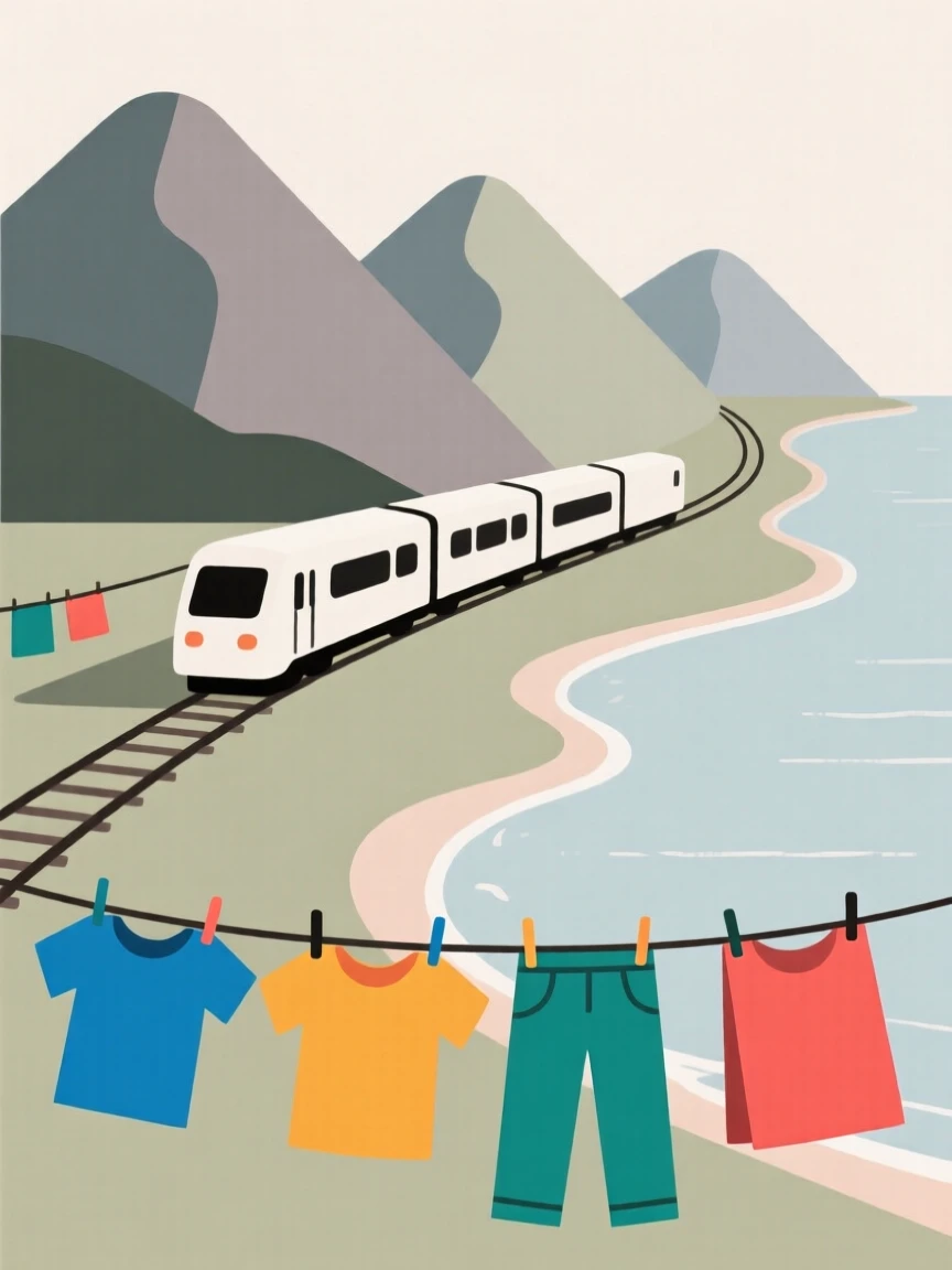 A view of a train winding through mountains at a remote island shoreline, framed by colorful hanging laundry lines, capturing wanderlust.