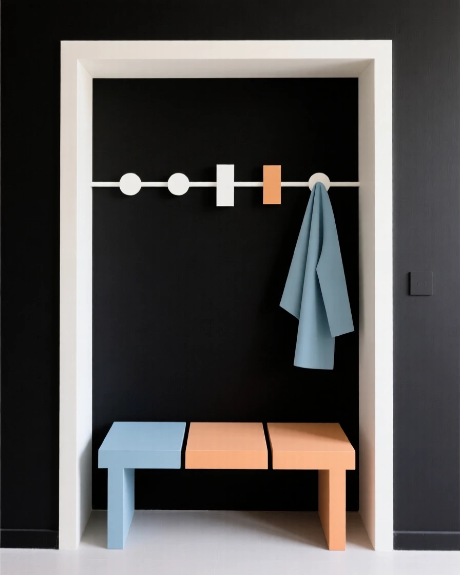 An entryway with a bench and coat hooks