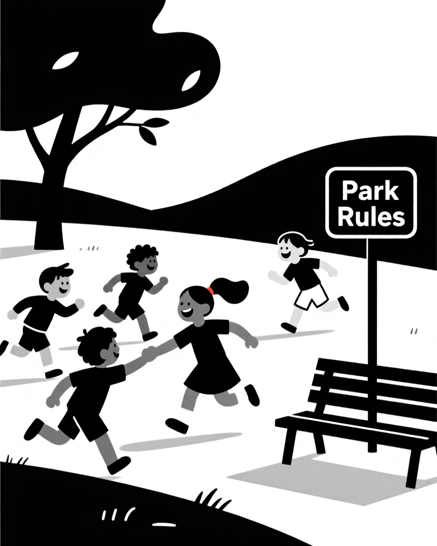 A group of children playing tag in a park.