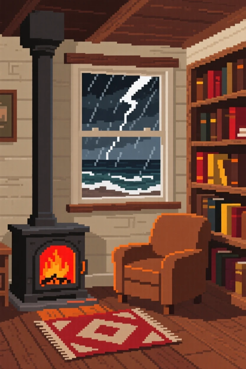 A bookshop corner warmed by a small wood stove nearby, inside a seaside cottage during a storm.