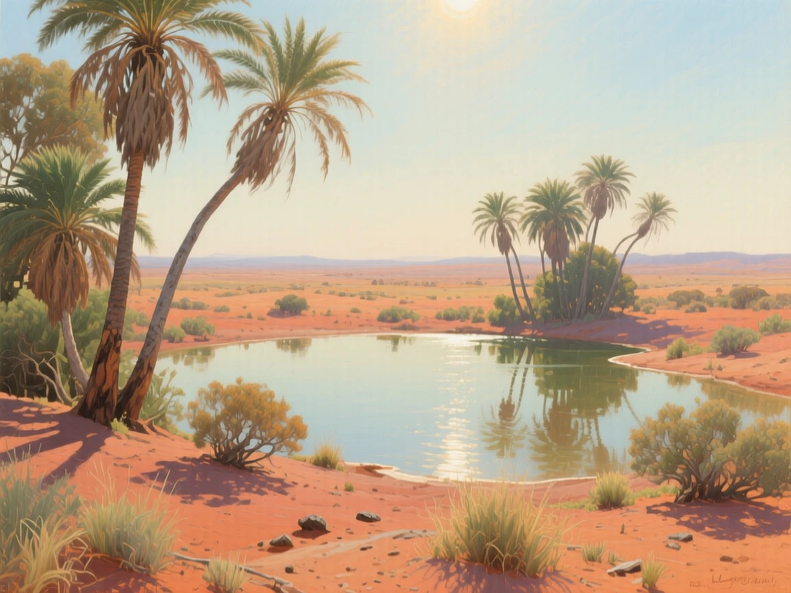 An expansive vista of a remote desert oasis ringed with palm trees, in the Australian outback, in bright warm sunshine.