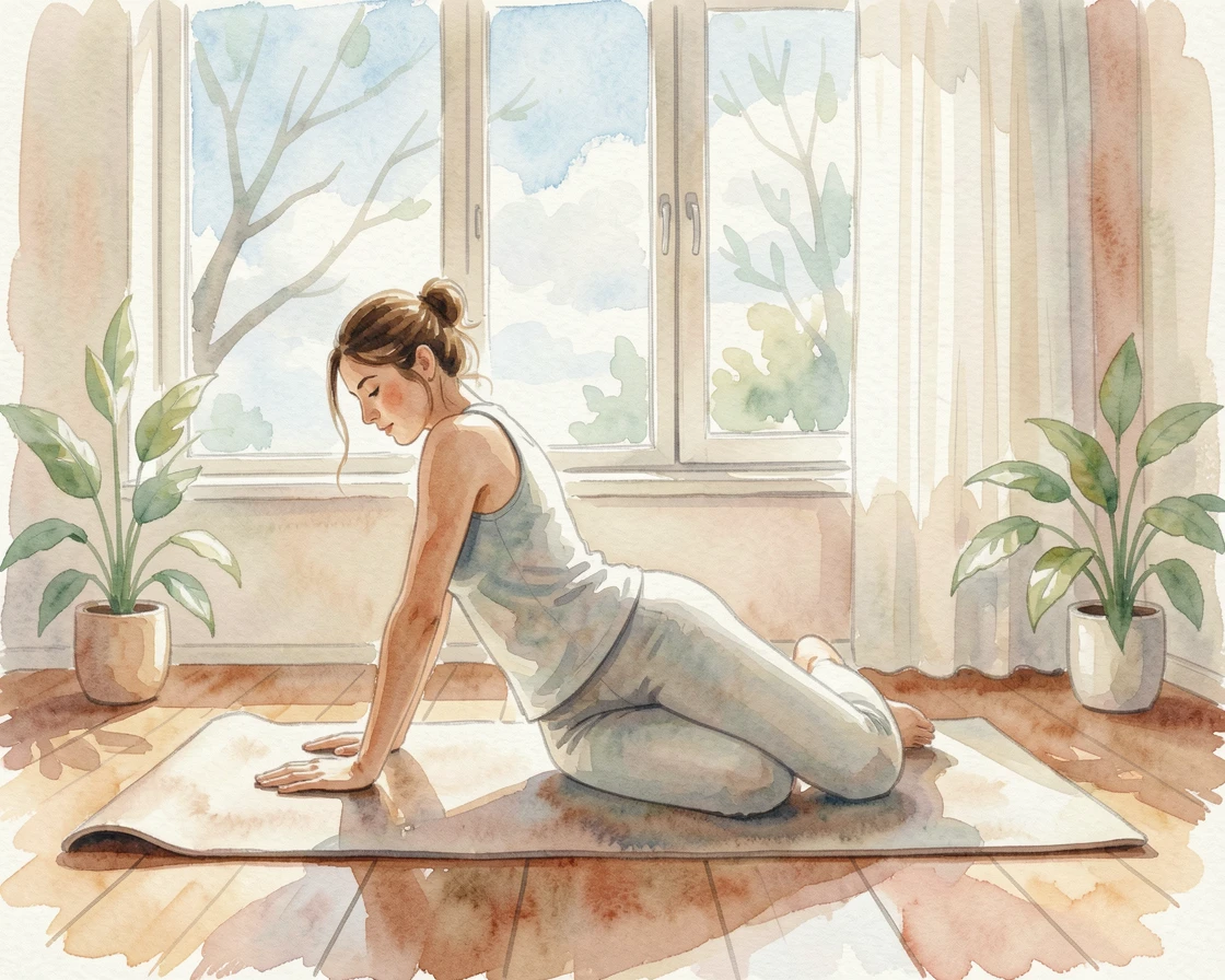 A woman doing morning stretches on a yoga mat by a window surrounded by natural light.