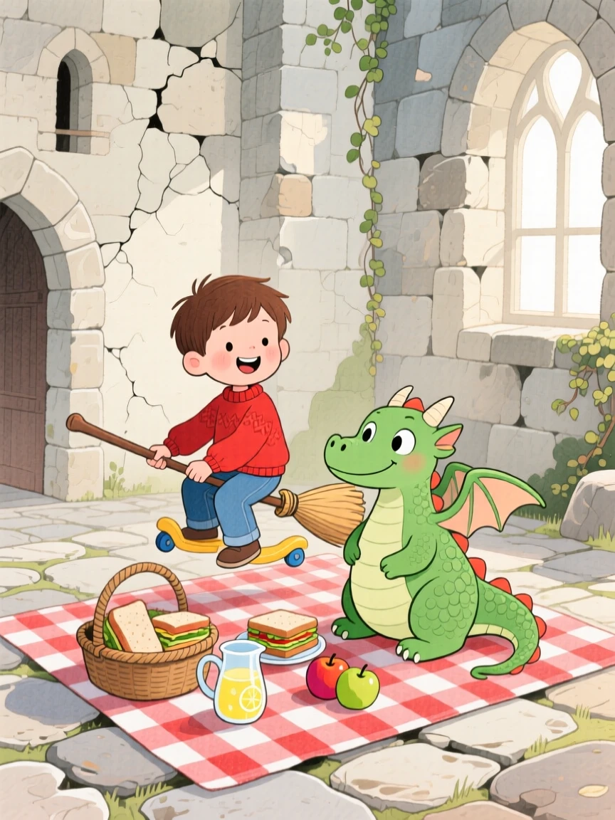 A boy riding a toy broomstick sharing a picnic with a friendly green dragon inside an ancient stone castle.