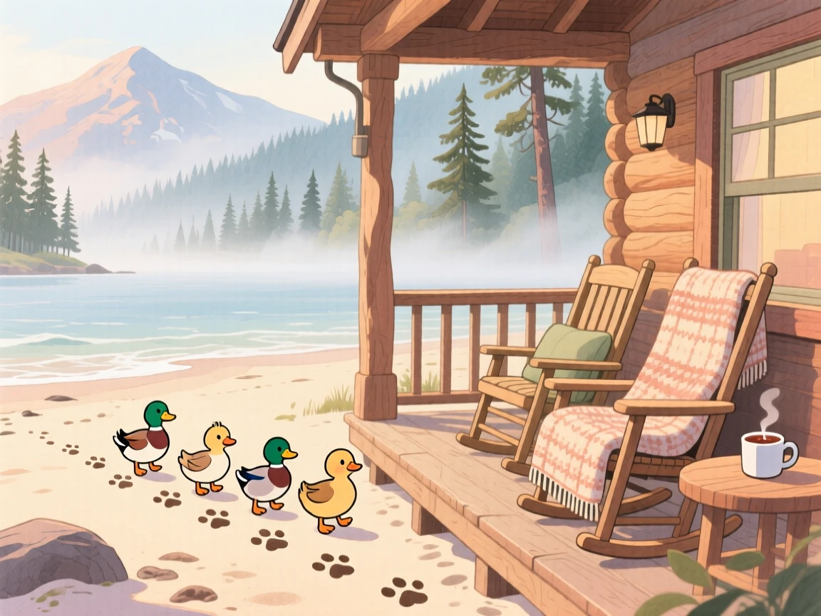 A family of ducklings following a trail of paw prints across a beach, set in a mountain cabin porch overlooking misty pines, brimming with cozy comfort.